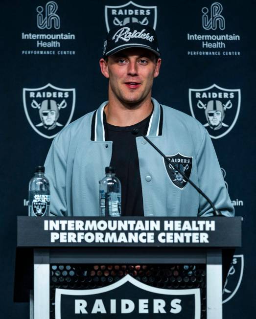 Raiders first round draft pick Brock Bowers speaks during a press conference at the Raiders Hea ...