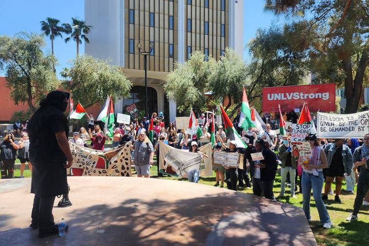Groups protest at a "Walkout for Palestine" event at UNLV on Wednesday, May 1, 2024. (Chase Ste ...