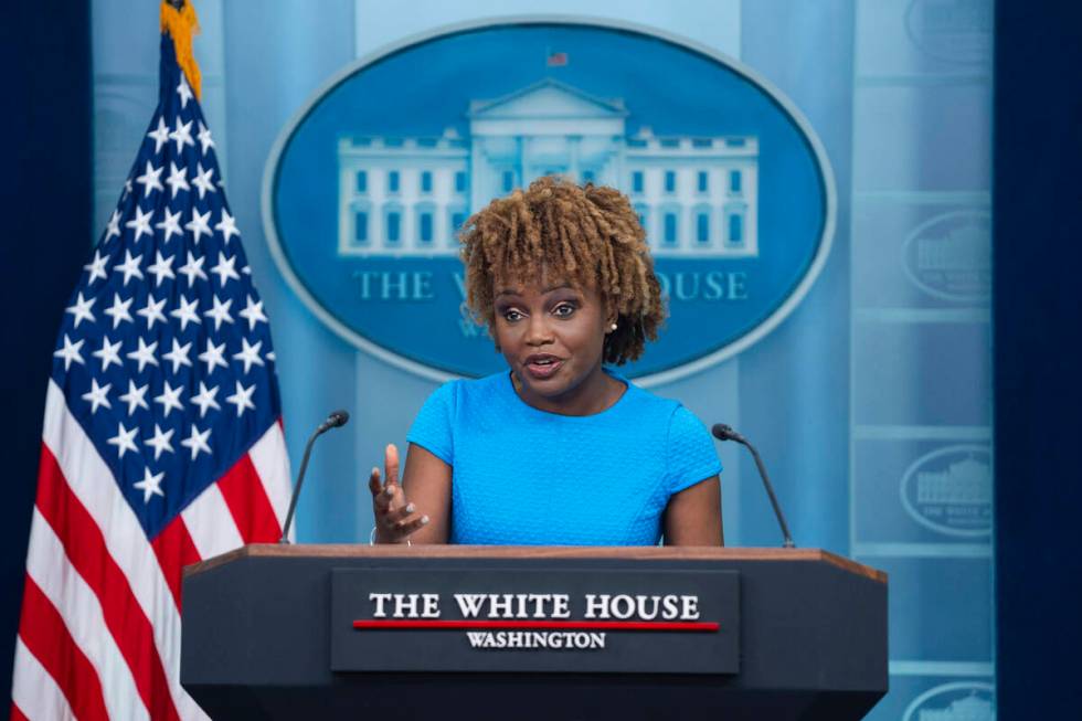 White House press secretary Karine Jean-Pierre speaks during a briefing at the White House, Wed ...