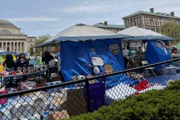 Pro-Palestinian protesters camp out in tents at Columbia University on Saturday, April 27, 2024 ...