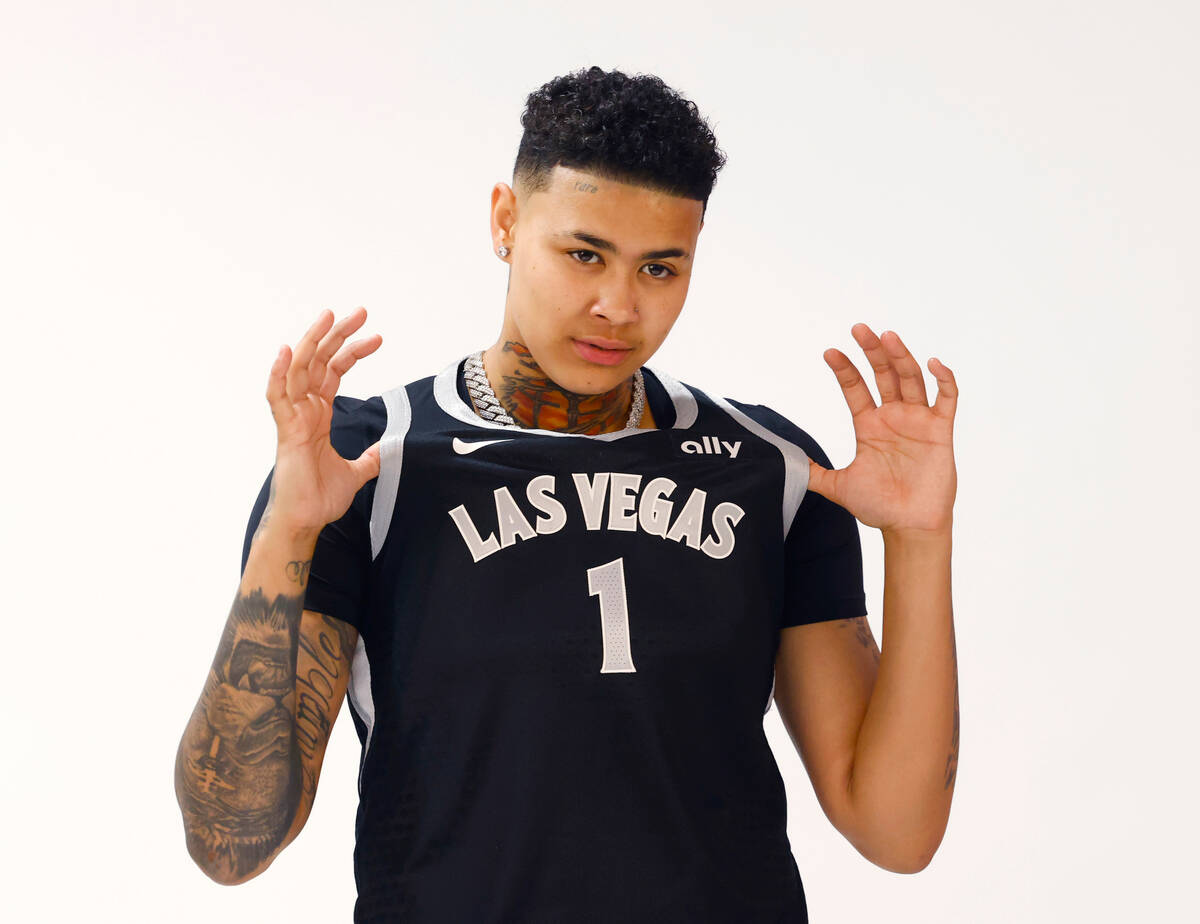 Las Vegas Aces forward Kierstan Bell (1) poses for a photo during Aces media day, on Friday, Ma ...