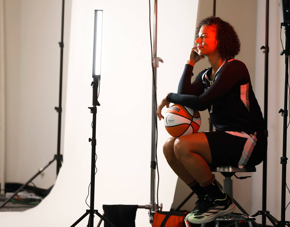 Las Vegas Aces forward Alysha Clark (7) poses for a photo during Aces media day, on Friday, May ...