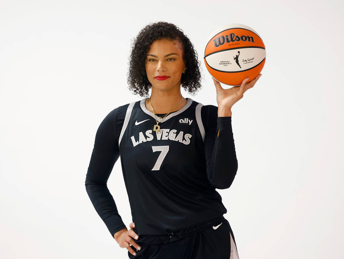 Las Vegas Aces forward Alysha Clark (7) poses for a photo during Aces media day, on Friday, May ...