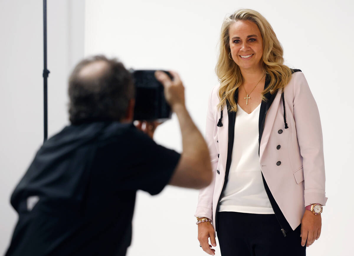 Las Vegas Aces head coach Becky Hammon poses for a photo during team's media day, on Friday, Ma ...
