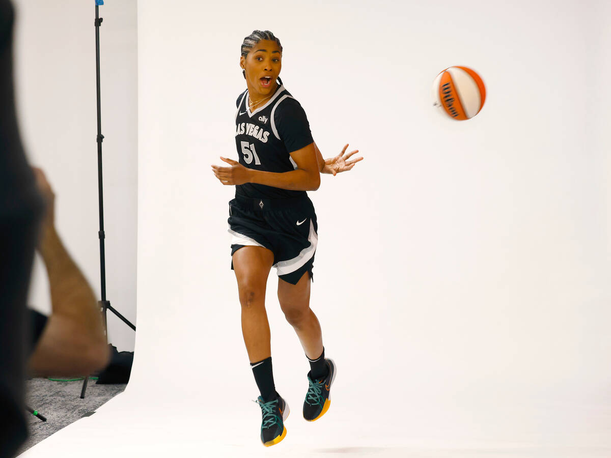 Las Vegas Aces guard Sydney Colson (51) poses for a photo during Aces media day, on Friday, May ...