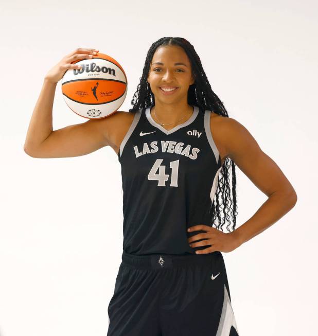 Las Vegas Aces center Kiah Stokes (41) poses for a photo during Aces media day, on Friday, May ...