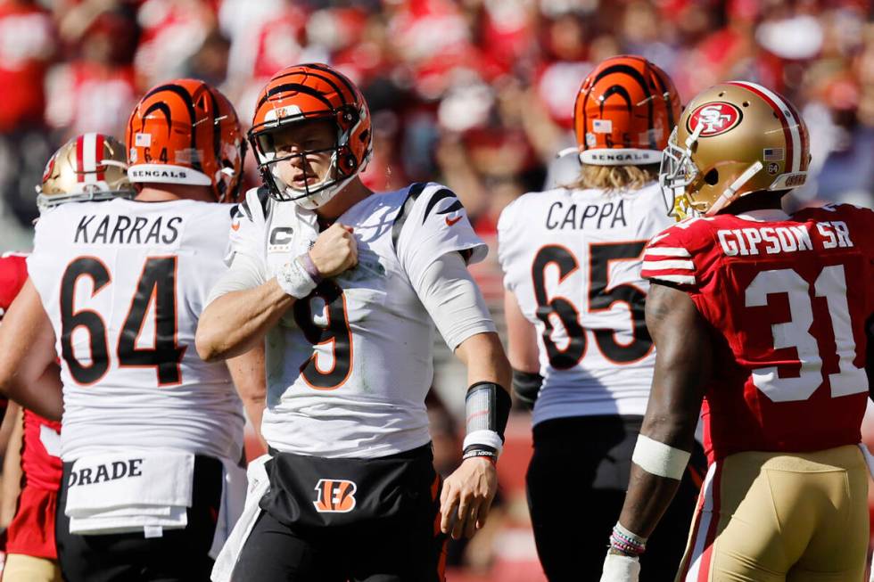 Cincinnati Bengals quarterback Joe Burrow (9) reacts during the first half of an NFL football g ...