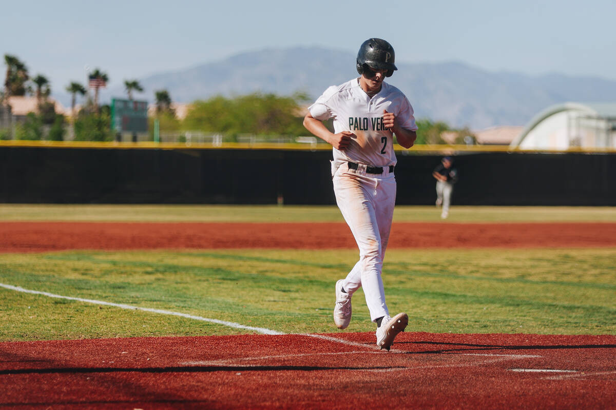 Palo Verde infielder Luke Herrera (2) runs to home base during a baseball game between Sierra V ...