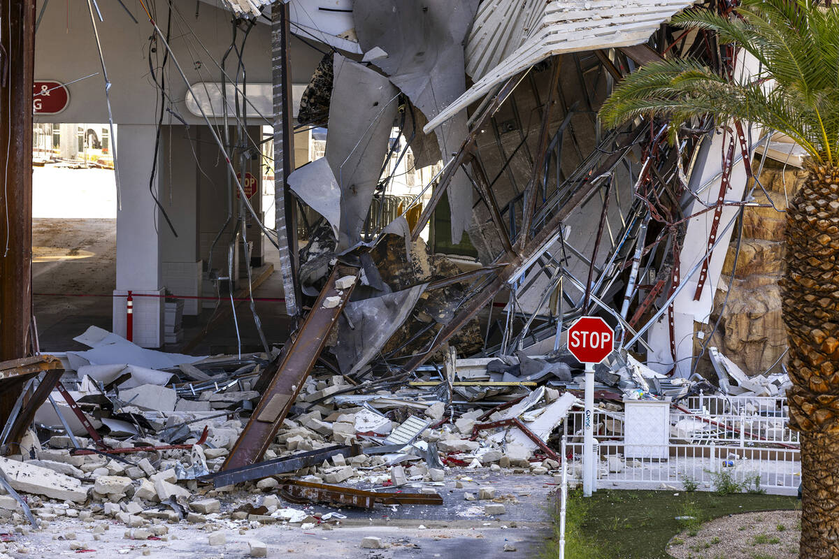 Demolition continues of the porte-cochere at the Tropicana on Thursday, May 2, 2024, in Las Veg ...