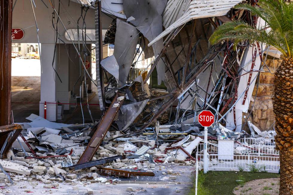 Demolition continues of the porte-cochere at the Tropicana on Thursday, May 2, 2024, in Las Veg ...