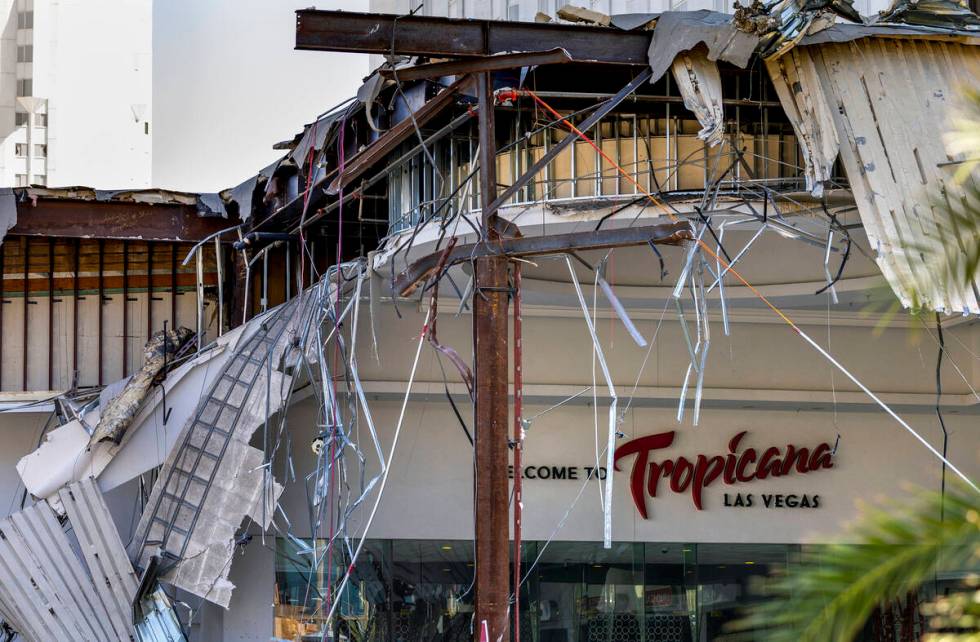 Demolition continues about the porte-cochere at the Tropicana on Thursday, May 2, 2024, in Las ...