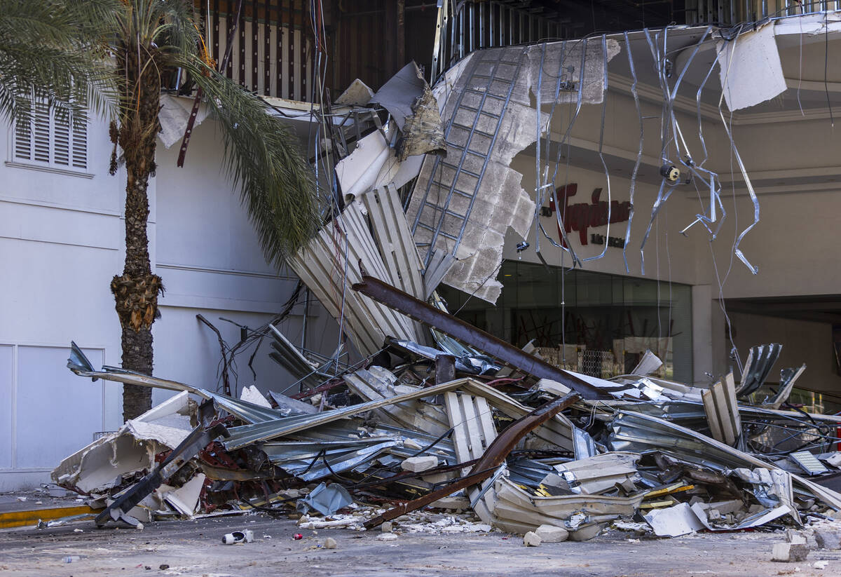 The demolition continues about the porte-cochere at the Tropicana on Thursday, May 2, 2024, in ...