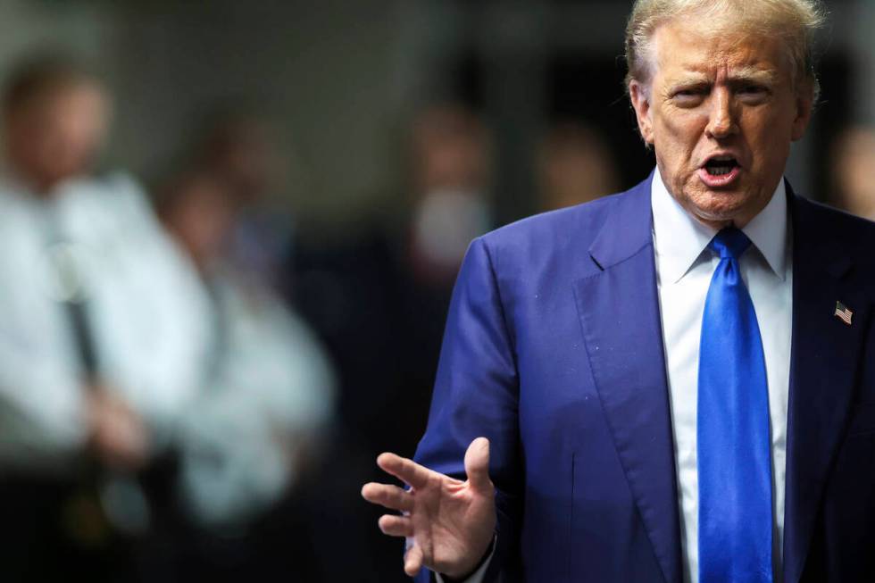 Former President Donald Trump arrives at Manhattan criminal court in New York, on Friday, May 3 ...