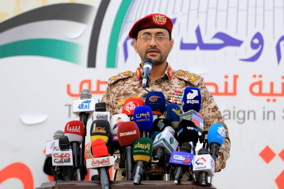 Houthi military spokesman, Brigadier Yahya Saree, delivers a statement on the attacks against t ...