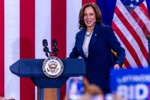 Vice President Kamala Harris arrives on stage to speak during a rally at Mojave High School on ...