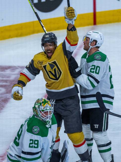 Golden Knights right wing Keegan Kolesar (55) celebrates a goal past Dallas Stars defenseman Ry ...