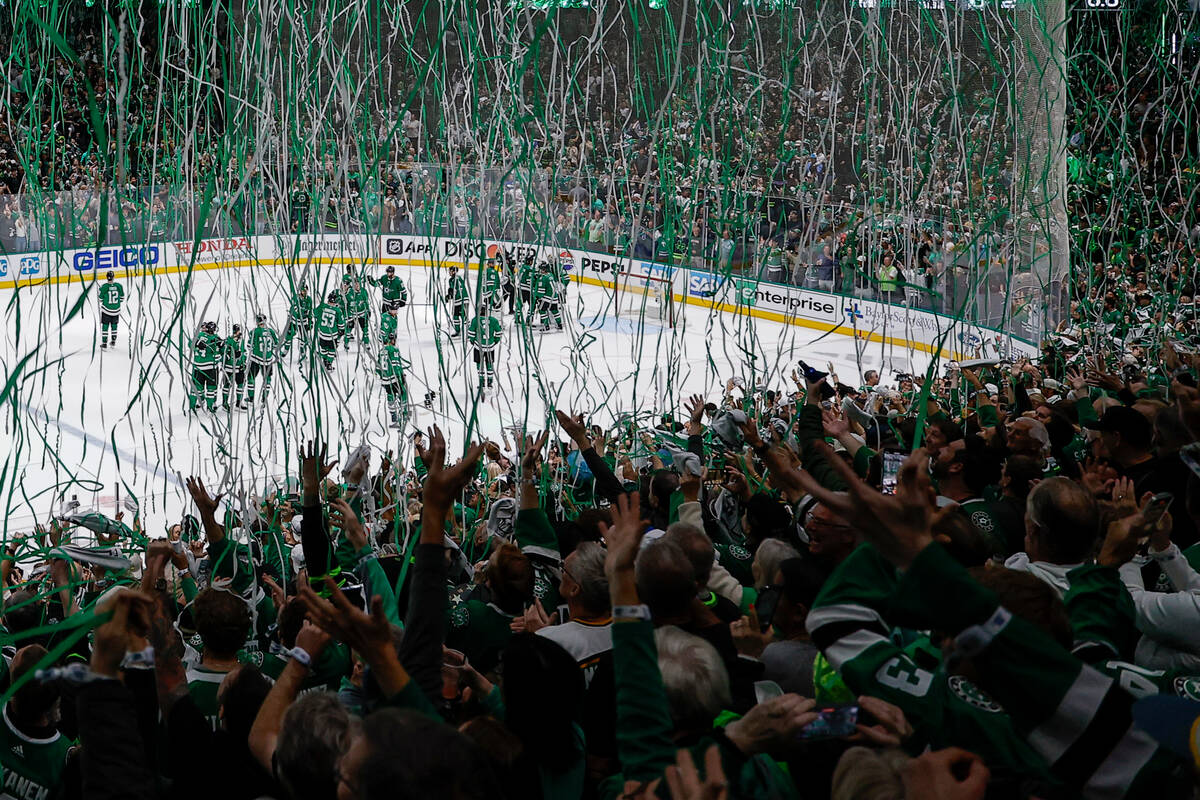 Streamers drop after the Dallas Stars defeated the Vegas Golden Knights 2-1 in Game 7 of an NHL ...