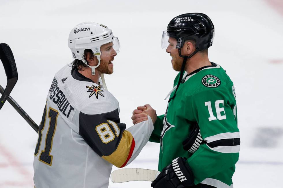 Vegas Golden Knights right wing Jonathan Marchessault (81) talks with Dallas Stars center Joe P ...