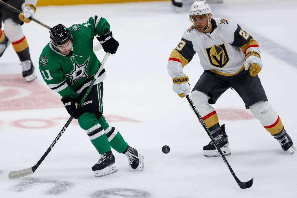 Dallas Stars center Logan Stankoven (11) skates against Vegas Golden Knights defenseman Alec Ma ...