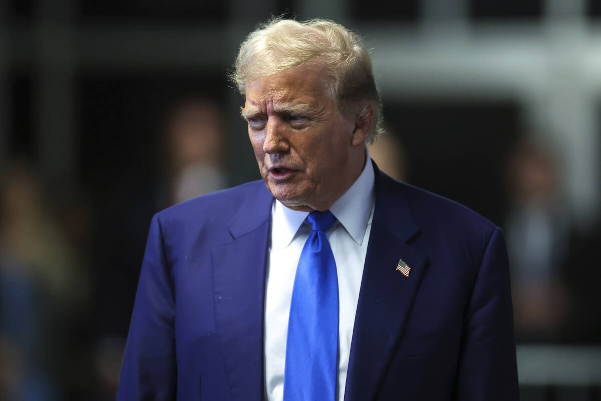 Former President Donald Trump speaks to media as he returns to his trial at the Manhattan Crimi ...