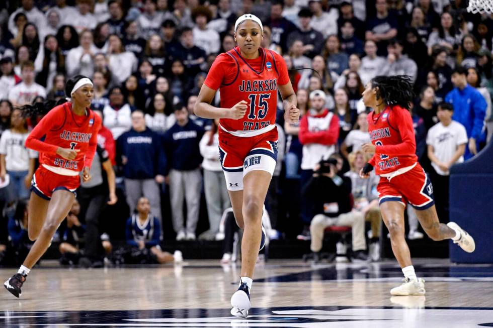 Jackson State guard Angel Jackson (15) runs up court in the second half of a first-round colleg ...