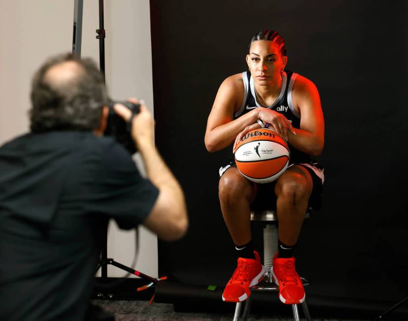 Las Vegas Aces guard Bria Hartley (14) poses for a photo during Aces media day, on Friday, May ...