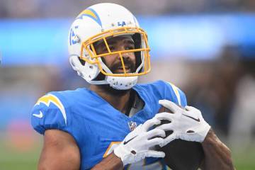 Los Angeles Chargers wide receiver Jalen Guyton (15) plays during an NFL football game against ...