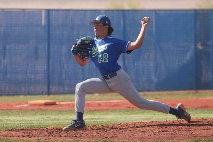 Green Valley's Jared Orabuena pitches to Shadow Ridge during a high school NIAA playoff basebal ...