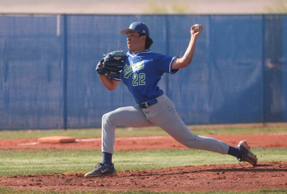 Green Valley's Jared Orabuena pitches to Shadow Ridge during a high school NIAA playoff basebal ...