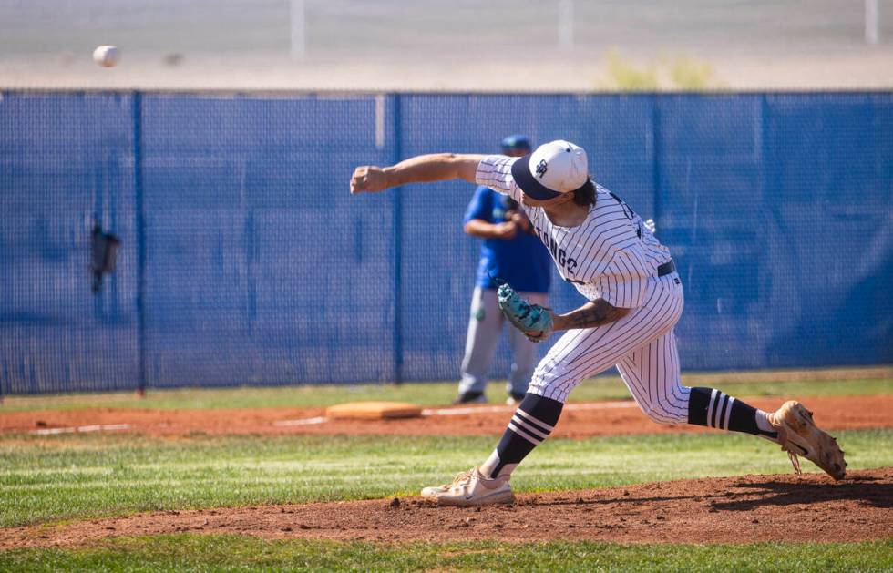 Shadow Ridge's Dylan Franco (34) pitches to Green Valley during a high school NIAA playoff base ...