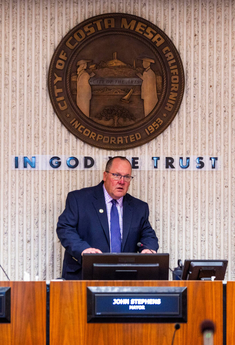 Mayor John Stephens at the center seat as the City of Costa Mesa discusses whether to start hos ...