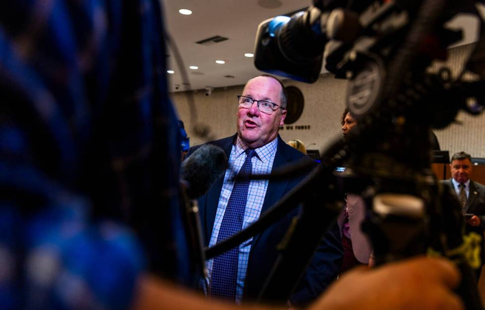 Mayor John Stephens speaks with a media member as the City of Costa Mesa discusses whether to s ...