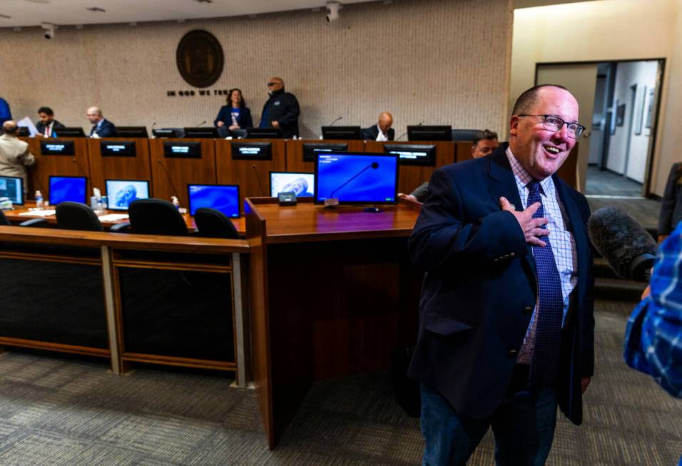 Mayor John Stephens speaks with a media member as the City of Costa Mesa discusses whether to s ...