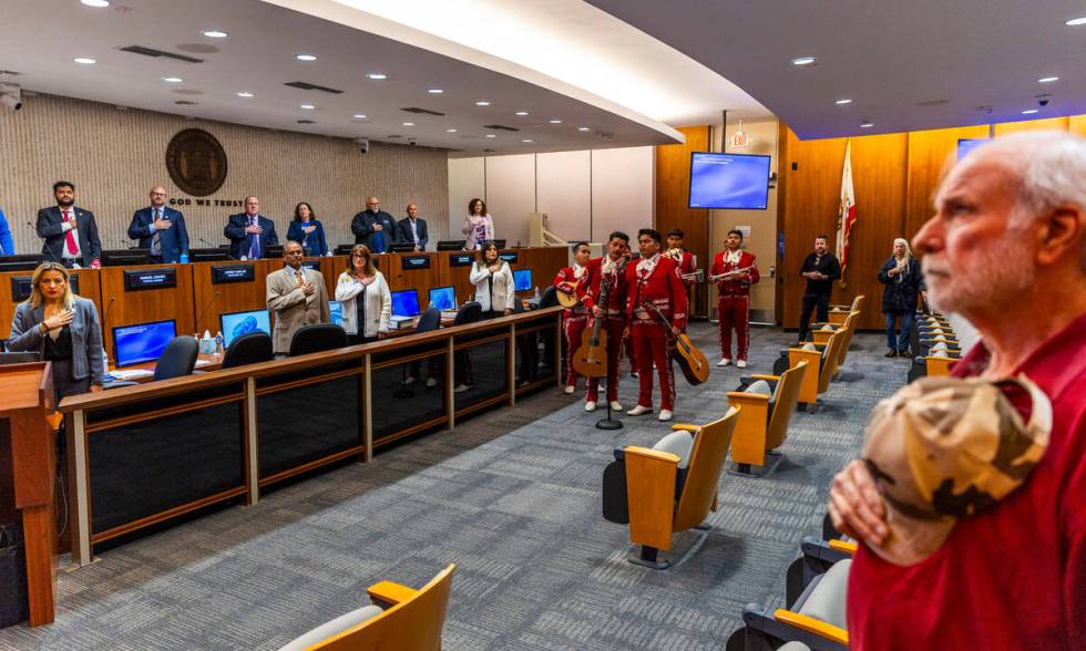 Mariachi Juvenil Herencia Michoacán members perform the National Anthem to open the City o ...