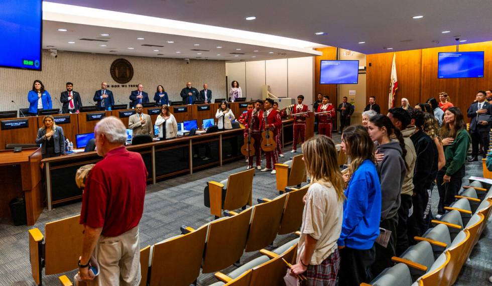 Mariachi Juvenil Herencia Michoacán members lead the Pledge of Allegiance to open the City ...