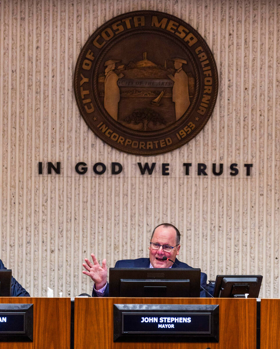 Mayor John Stephens speaks during a City of Costa Mesa council meeting for local issues includi ...