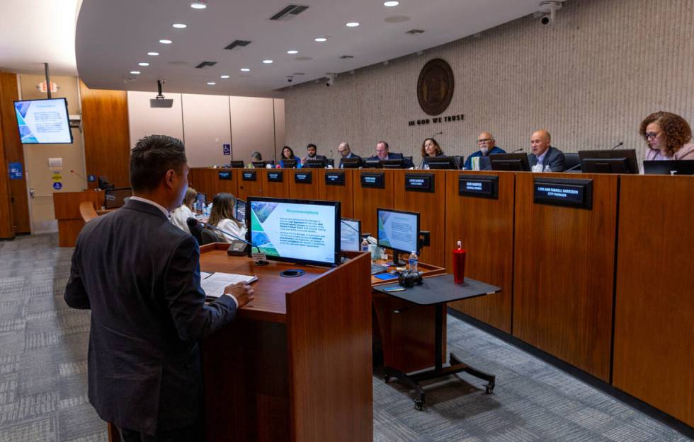 Raiders counsel Lucas Paule answers questions as the City of Costa Mesa council discusses wheth ...