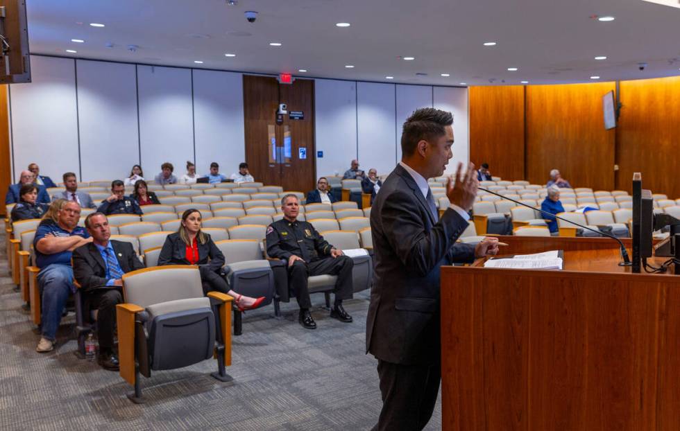 Raiders counsel Lucas Paule answers questions as the City of Costa Mesa council discusses wheth ...