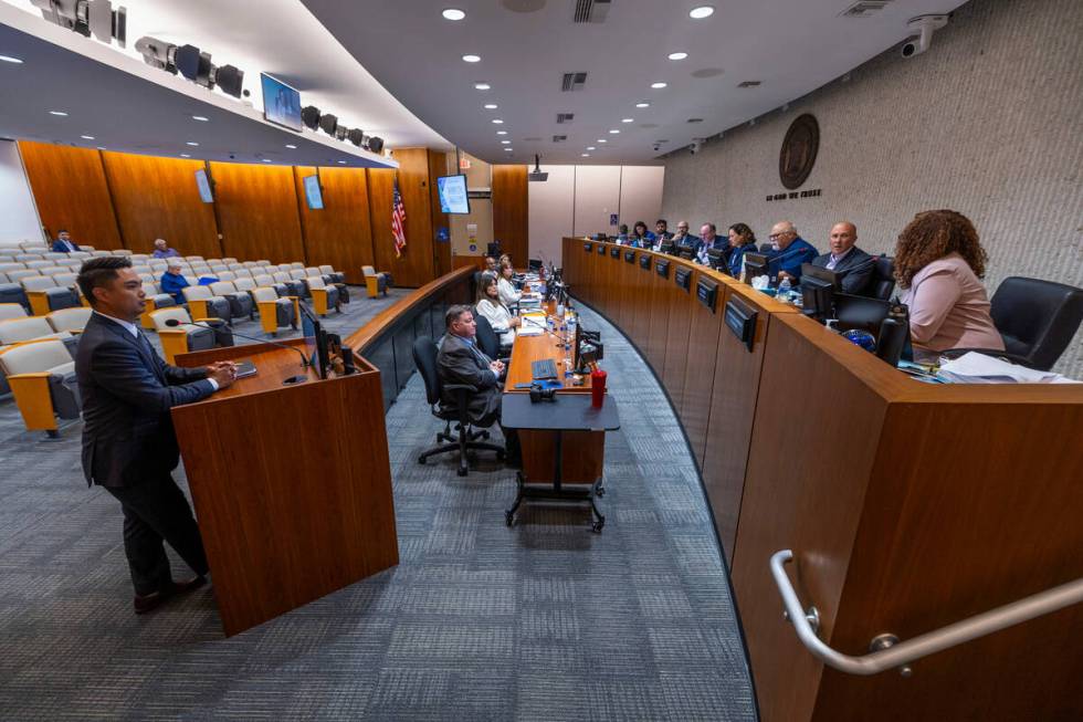 Raiders counsel Lucas Paule listens to questions as the City of Costa Mesa council discusses wh ...