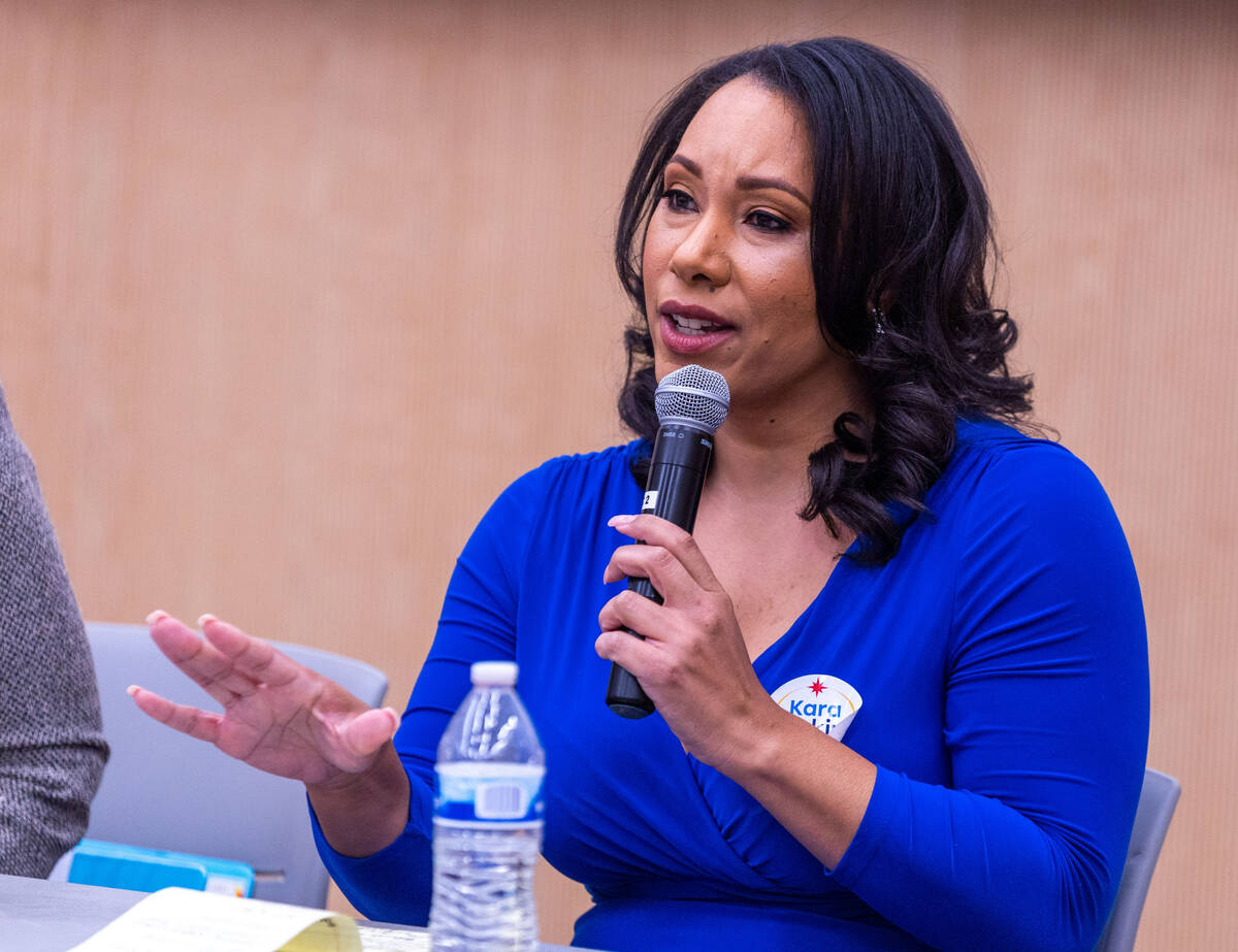 Candidates for mayor of Las Vegas Kara Jenkins speaks during a forum organized by the Clark Cou ...