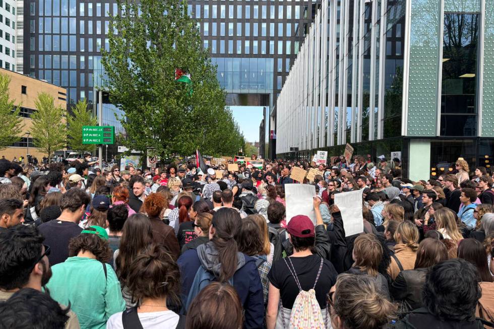 Students gather for a pro-Palestinian protest at the University of Amsterdam, Netherlands, Tues ...