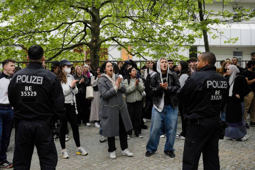 Protestors shout slogans during a pro-Palestinians protest rally at the 'Freie Universitaet' un ...