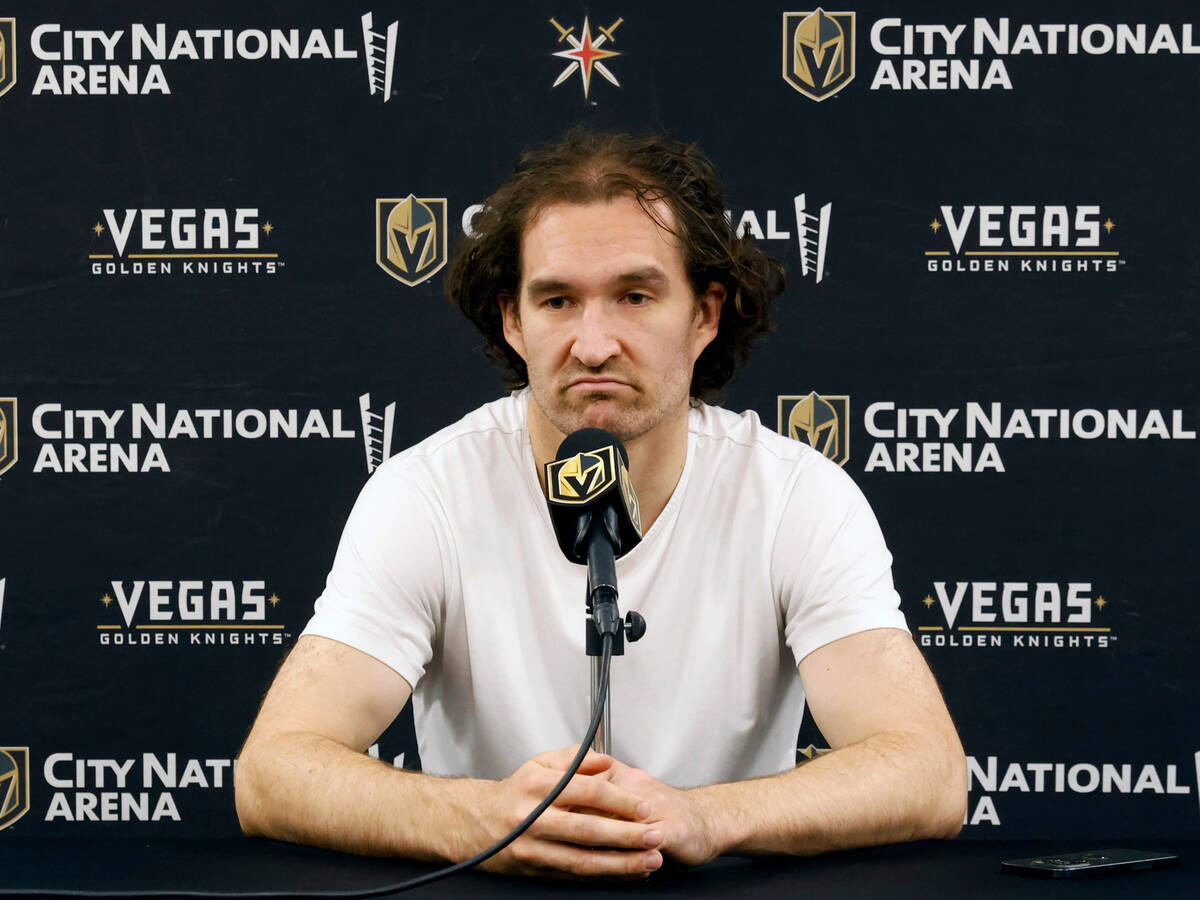 Golden Knights right wing Mark Stone pauses as he speaks during team's exit interviews at City ...