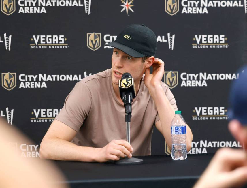 Golden Knights defenseman Braydon McNabb speaks during team''s exit interviews at City National ...