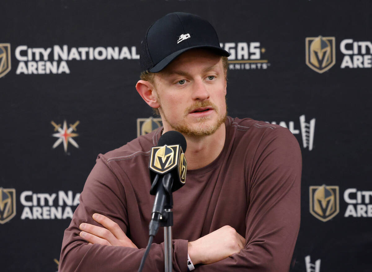 Golden Knights center Jack Eichel speaks during team's exit interviews at City National Arena, ...