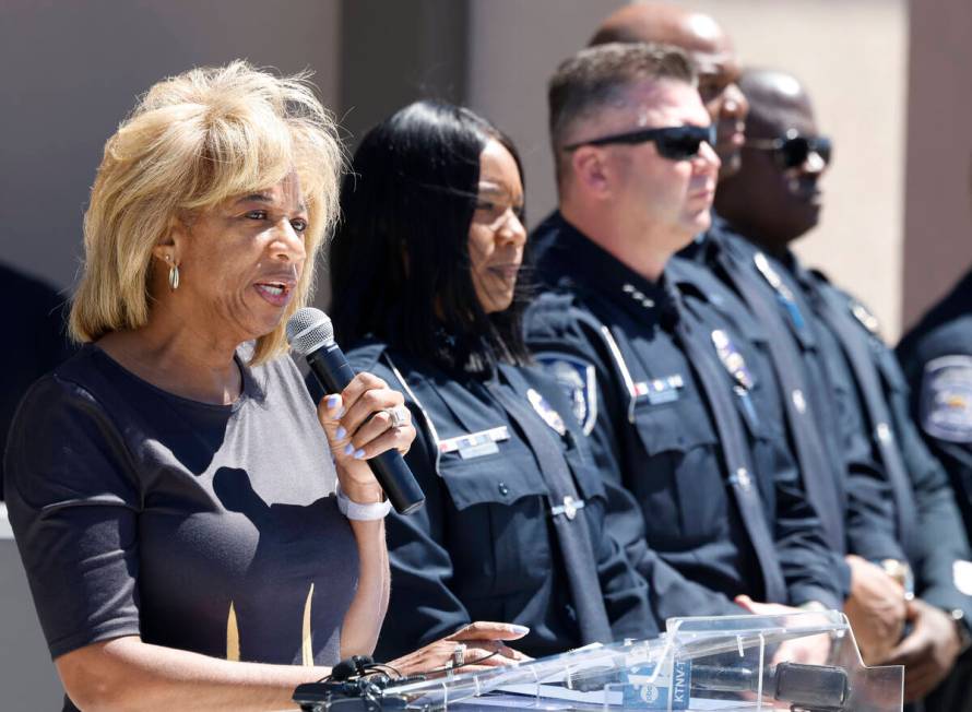 North Las Vegas Mayor Pamela Goynes-Brown speaks as Chief of Police Jacqueline Gravatt, right, ...