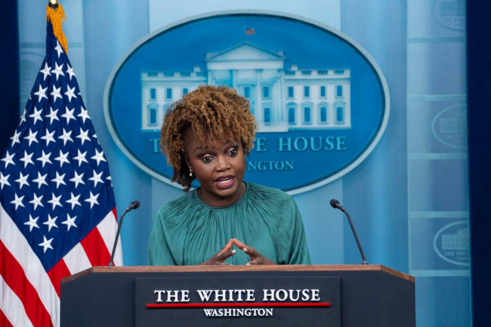 White House press secretary Karine Jean-Pierre speaks during a briefing at the White House, Tue ...