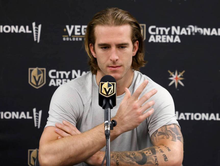 Golden Knights defenseman Noah Hanifin speaks during team's exit interviews at City National Ar ...