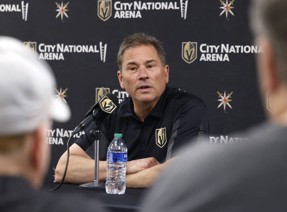 Golden Knights head coach Bruce Cassidy listens to reporters questions during team's exit inter ...