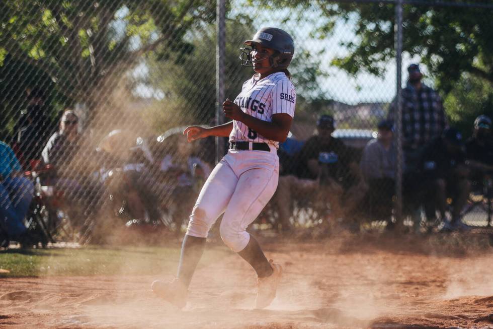 Shadow Ridge’s Jimena Barraza (8) runs to home base during a Class 5A Southern Region hi ...